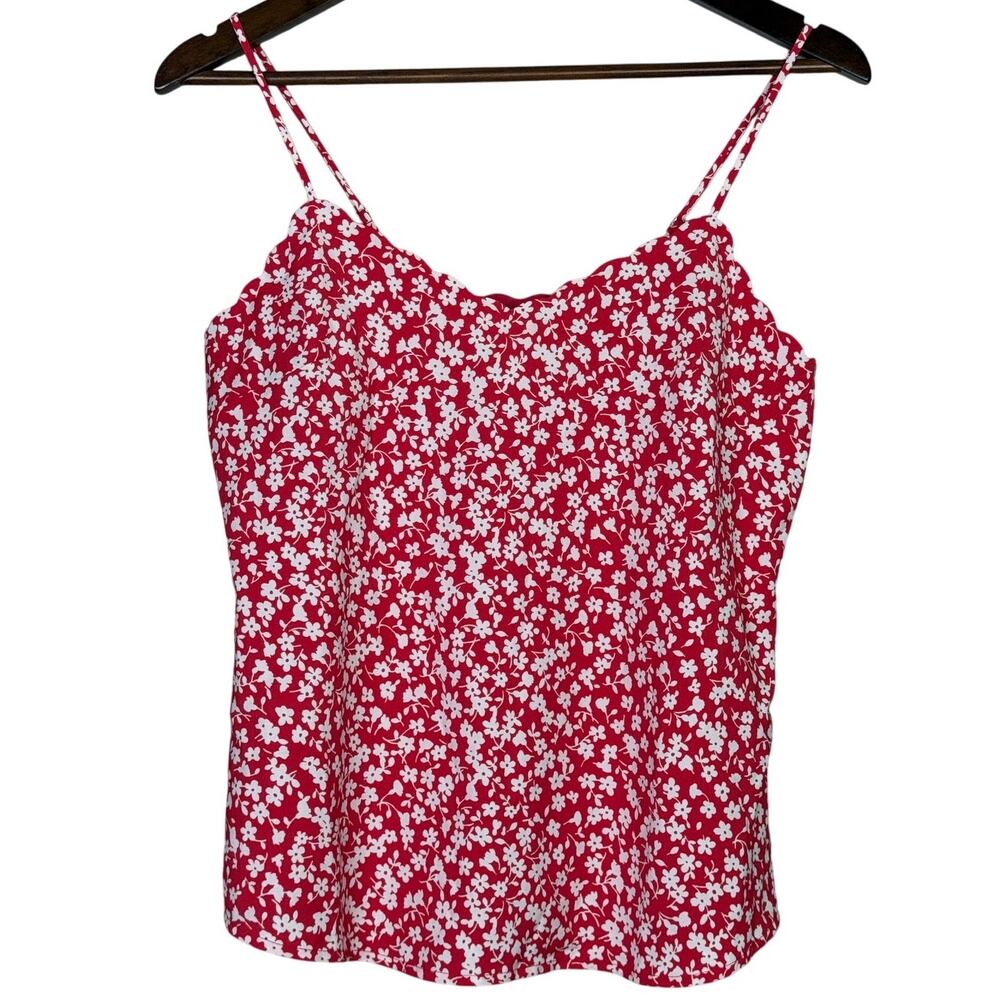 J. Crew Floral Sleeveless Scalloped Neck Back Cami Adjustable Straps Top 0 Red - Picture 1 of 15